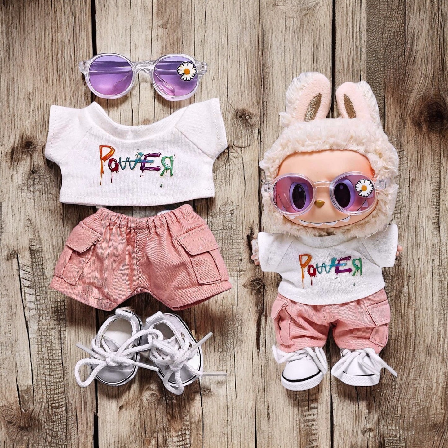Handmand Daisy Street Utility Set | Pink Jacket + Cargo Pants + Tee + Round Shades + Straw Hat, fits for 17cm Labubu doll