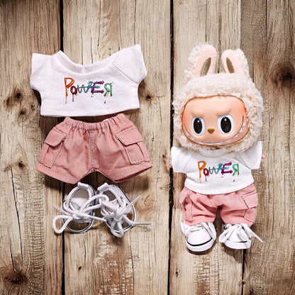 Handmand Daisy Street Utility Set | Pink Jacket + Cargo Pants + Tee + Round Shades + Straw Hat, fits for 17cm Labubu doll