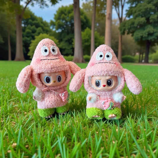 labubu doll wearing Patrick Star Inspired Crochet Outfit standing on grass