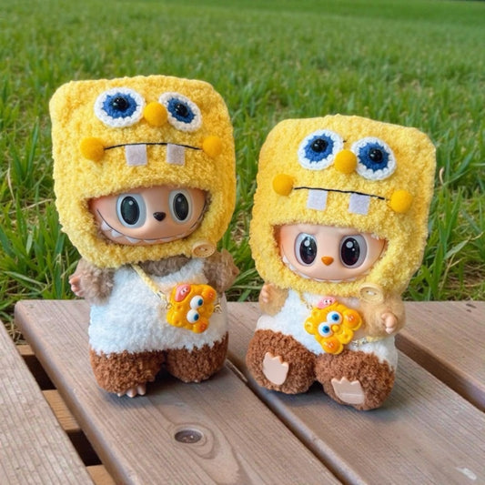 Labubu SpongeBob SquarePants Inspired Crochet Outfit – Fuzzy Hood & Romper Set for 17cm labubu outfit