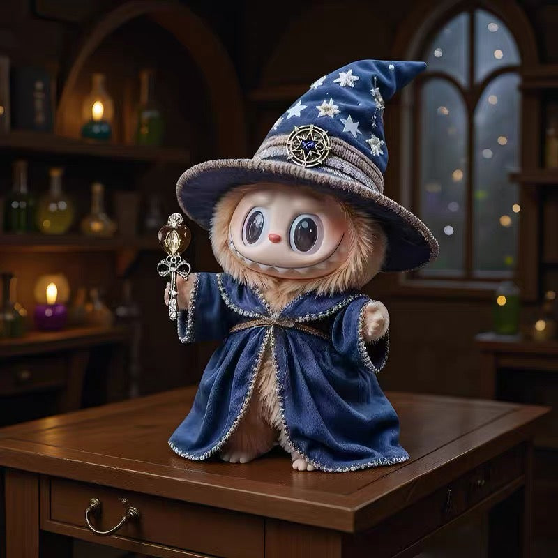 17cm labubu doll wearing  a wizard with a blue hat and robe on a wooden table.