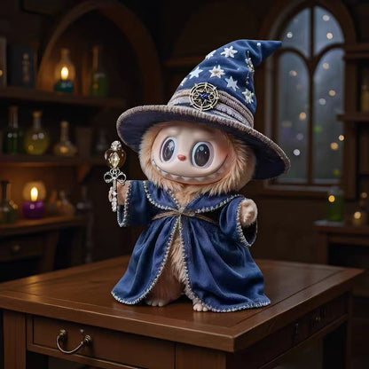 17cm labubu doll wearing  a wizard with a blue hat and robe on a wooden table.