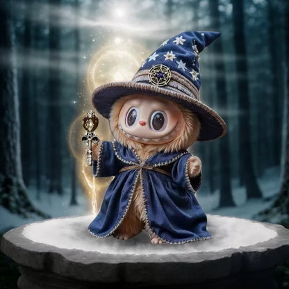17cm labubu doll wearing  a wizard with a blue hat and robe in a forest setting