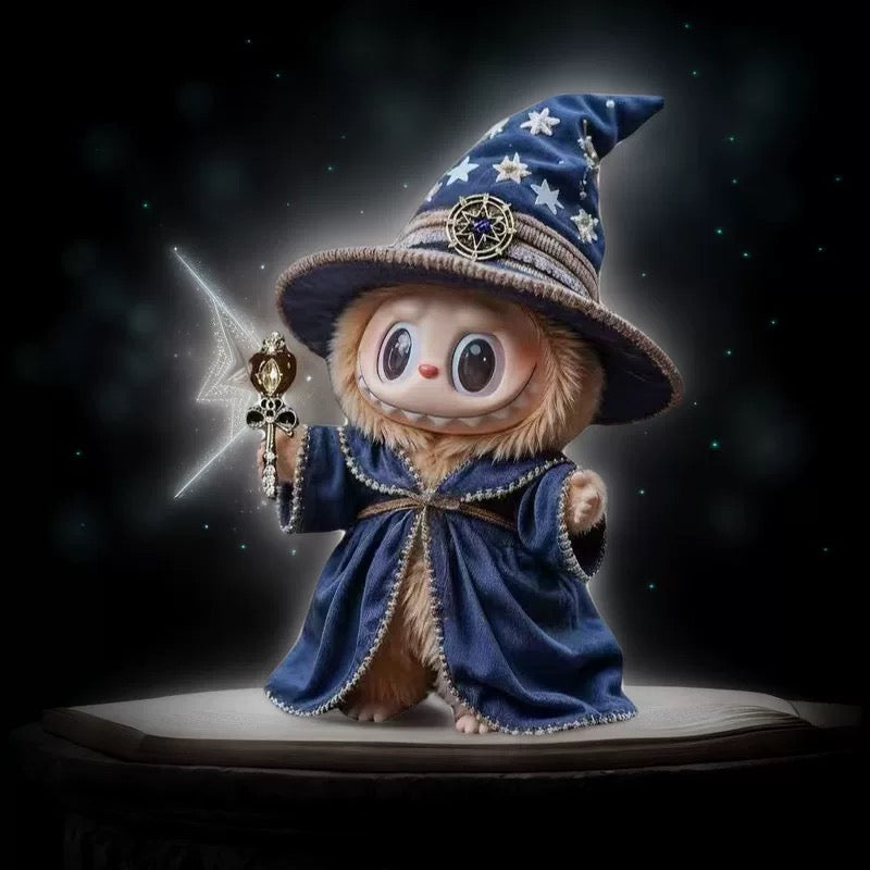17cm labubu doll wearing  a wizard outfit holding a wand against a dark background