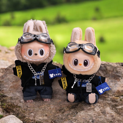 Sky Hopper Pilot Outfit Set for 17cm mini Plush Dolls – Goggles, Hoodie, Jeans & Chain