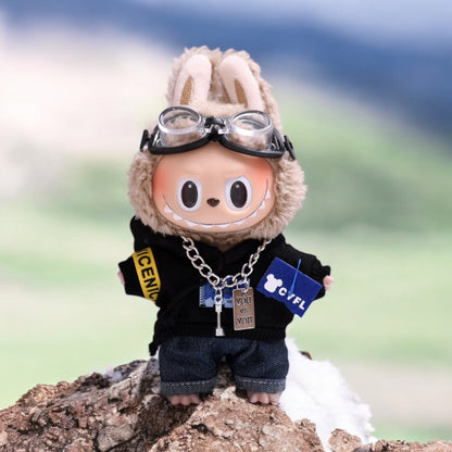 Sky Hopper Pilot Outfit Set for 17cm mini Plush Dolls – Goggles, Hoodie, Jeans & Chain